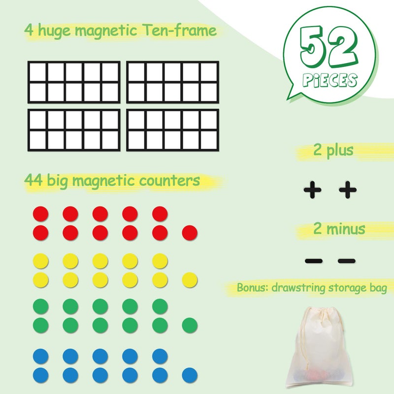 Opret Big Magnetic Ten Frame Set, Opret 52 Pieces Math Manipulatives for Elementary, Kindergarten Classroom Must Haves Math Games with Storage Bag, Ages 5+, 4 Frames, 44 Counters, 2 Plus and 2 Minus - Image 3